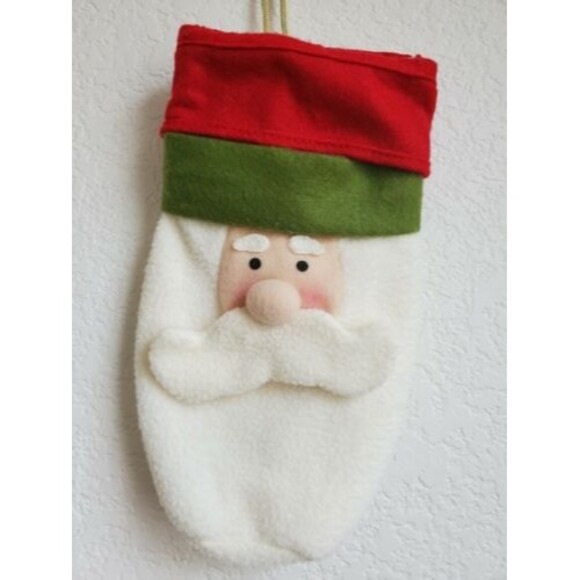 Santa Stocking Face Fleece Christmas Holiday Gift Bag Winter White Red Green 11" - Picture 1 of 5